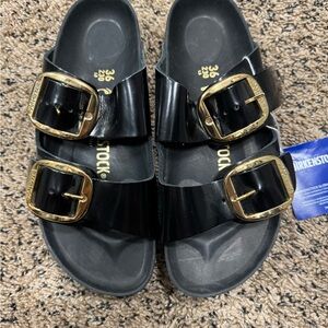 Birkenstock Black and Gold Sandals with Wide Straps